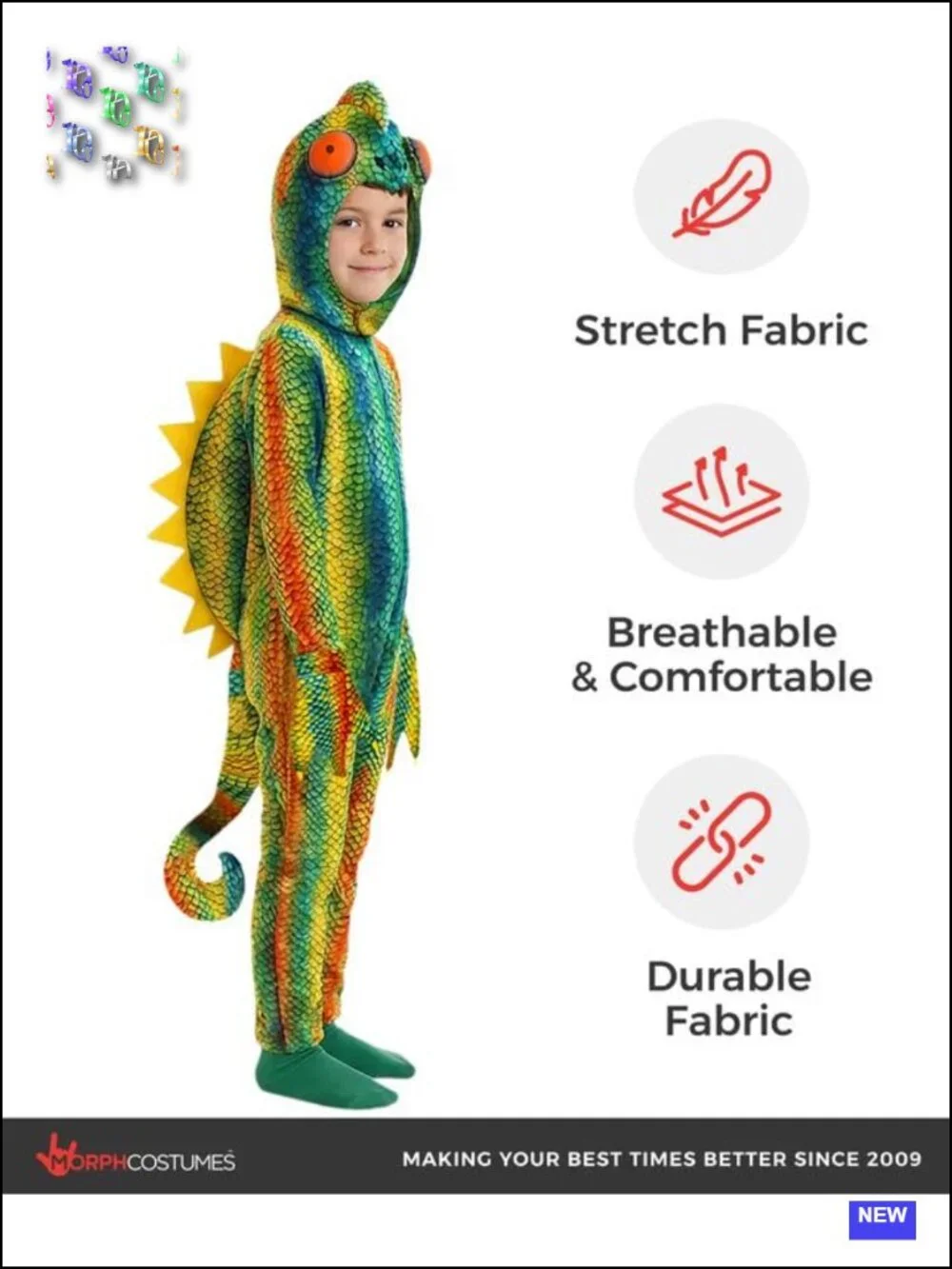 Kids Rainbow Chameleon Costume Set Jumpsuit Hood Spikes Tail Halloween Dress-Up